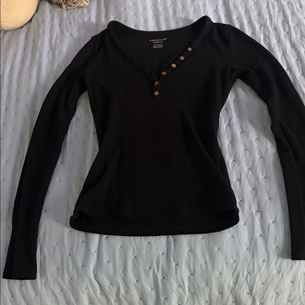 American Eagle Outfitters Black Long Sleeve Top with Button Detail